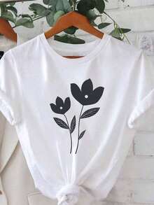 flash oferta,blusas para dama casuales,poleras mujer,playeras de mujer>algodon,blusas>elegante,Camia para mujer: presenta un diseño de estampado floral minimalista de líneas, perfecto para salidas informales, visitas a librerías, citas y reuniones sociales. - Blanco - Ver 1