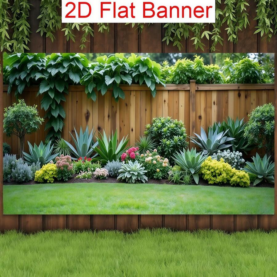 1pc Garden Courtyard Background Banner, Featuring Wooden Fences, Agave Plants And Tropical Greenery Elements, Suitable For Party, Event Shooting Or Scene Setting, And Courtyard Decoration, Etc.