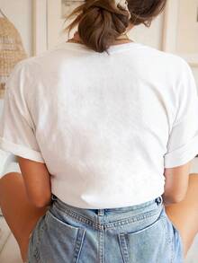 Comfortable And Cozy Women's T-Shirt, Soft And Breathable, With A Print Of Musical Notes And Heartbeats, Short Sleeves, Round Neck, Casual Style For Summer And Spring - White With Blue Print, Comfortable Fit T-Shirt, New Summer Fashion, Holiday Gift, Soft And Relaxed Home Wear. - 白色 - 查看 2