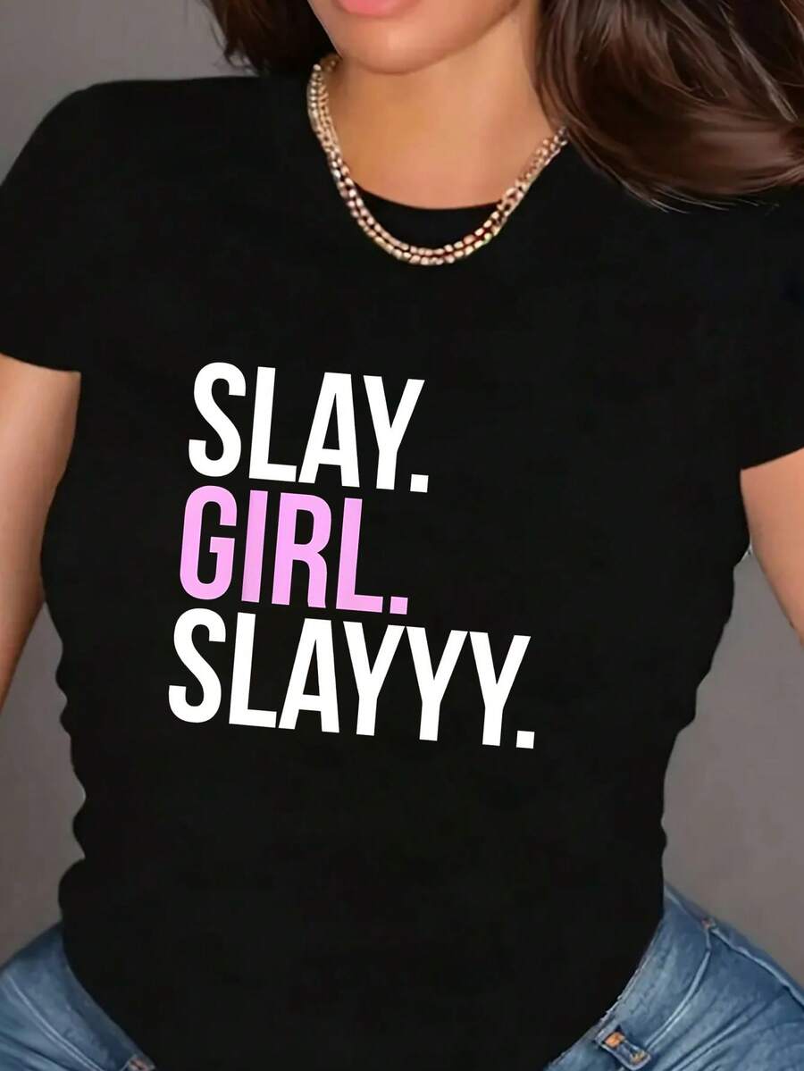 Camiseta ligera y transpirable de una sola pieza para mujer, de cuello redondo y estilo casual, con la impresión "Slay irl Slayyy", adecuada para todas las estaciones, de estilo deportivo, ideal para usar en capas en conjuntos de primavera y otoño. - Negro - Ver 1