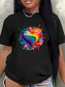 Camiseta ligera y duradera, con un colorido diseño de corazón arcoíris, es perfecta para ocasiones informales en casa, en el trabajo o en actividades al aire libre, ofreciendo una experienci - Negro - Ver 1