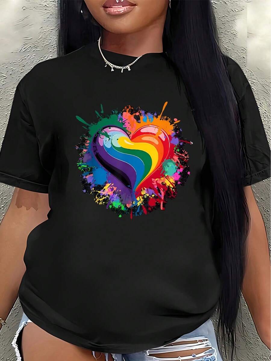 Camiseta ligera y duradera, con un colorido diseño de corazón arcoíris, es perfecta para ocasiones informales en casa, en el trabajo o en actividades al aire libre, ofreciendo una experienci - Negro - Ver 1