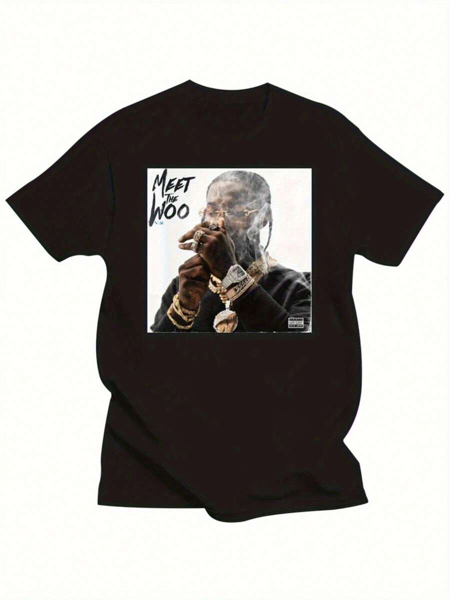 Camisetas para hombre - Pop Smoke "Meet The Woo" Camiseta negra casual de manga corta para adultos y jóvenes, ideal para primavera, verano y otoño, con diseños gráficos - Negro - Ver 1
