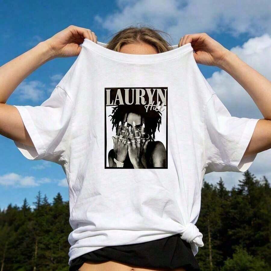Women's Summer Clothes, Soft Cotton Casual Round Neck T-Shirt, Legendary Singer Lauryn Hill, Black And White Portrait Print. - 白色 - 查看 1