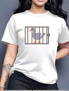Camiseta con estampado "Pato Divertido en una Jaula", cuello redondo casual para mujer, regalo familiar perfecto, atuendo moderno para fiestas navideñas. Top cómodo y versátil de manga corta. - Blanco - Ver 7