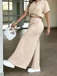 Conjunto de top corto con escote entallado y pantalones de pierna ancha de unicolor minimalista para uso casual y diario de mujer, primavera/verano/otoño, color negro - Albaricoque - Ver 3