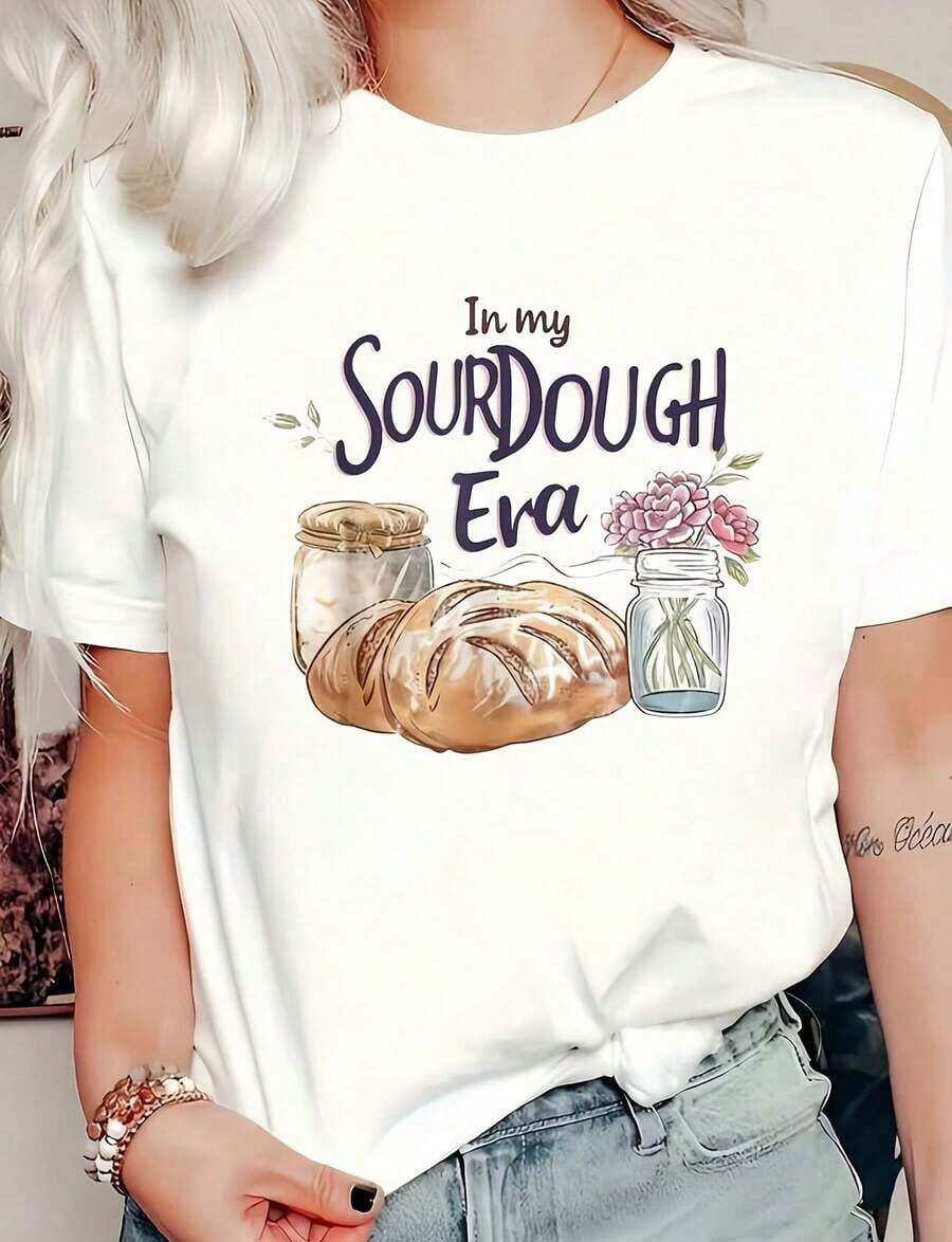 Camiseta de algodón con estampado gráfico divertido "Groovy In Mourdough Era Funny Pun In My Bread", camiseta casual de manga corta para mujer para primavera y verano, camiseta gráfica de verano para mujer, camiseta de algodón 100% de peso pesado 220G para mujer. Con estampado de mariposas, adecuada para niñas y mujeres, camiseta inspiradora de manga corta y cuello redondo, top de verano de estilo estético Y2K, adecuada para actividades al aire libre, familia, trabajo o uso diario casual en la calle. - Blanco - Ver 1