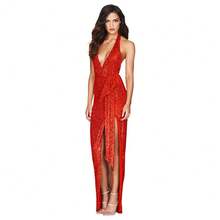 Emerald Green Sequined Women's Dress, Deep V-Neck Halter Neckline, High Side Slit, Elegant Maxi Design Ideal For Evening Parties, Graduations And Formal Winter Events, Glamorous Style Perfect For Celebrations And Elegant Dinners - 紅色 - 查看 5