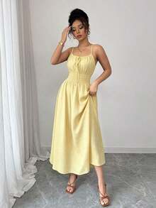 Vestido de lino con nudo en el frente, plisado en la cintura y sin mangas, color café claro, cómodo y casual, para primavera y verano - Amarillo claro - Ver 3