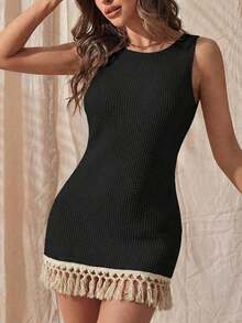 1 pieza Body sin mangas de mujer con textura de malla y flecos largos, estilo elegante - Negro - Ver 6