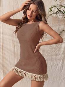 1 pieza Body sin mangas de mujer con textura de malla y flecos largos, estilo elegante - Marrón - Ver 9
