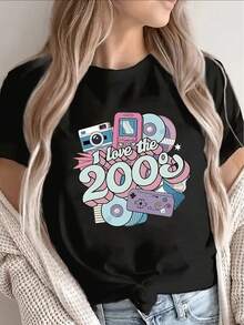Heavy-Duty Polyester Short-Sleeved T-Shirt With A Vintage "I Love The 2000s" Design, Suitable For Casual Wear, Parties, Lounging At Home, Or Dining Out. Lightweight, Durable, Comfortable, And Form-Fitting For Everyday Wear. A Hit! - 黑色 - 查看 1
