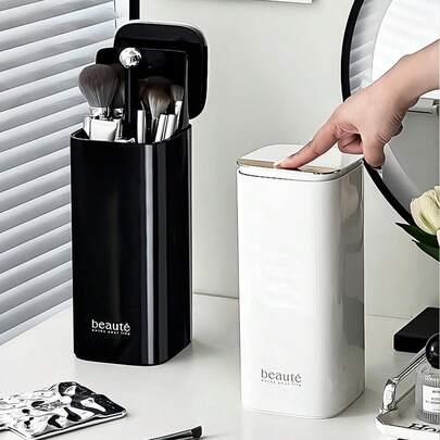 Hộp đựng cọ trang điểm dạng nhấn bật có nắp đậy, 4 ngăn đựng cọ trang điểm, hộp đựng mỹ phẩm tự động nâng hạ dùng để trang trí bàn trang điểm, mặt bàn phòng tắm, hộp đựng cọ trang điểm lớn chống bụi.