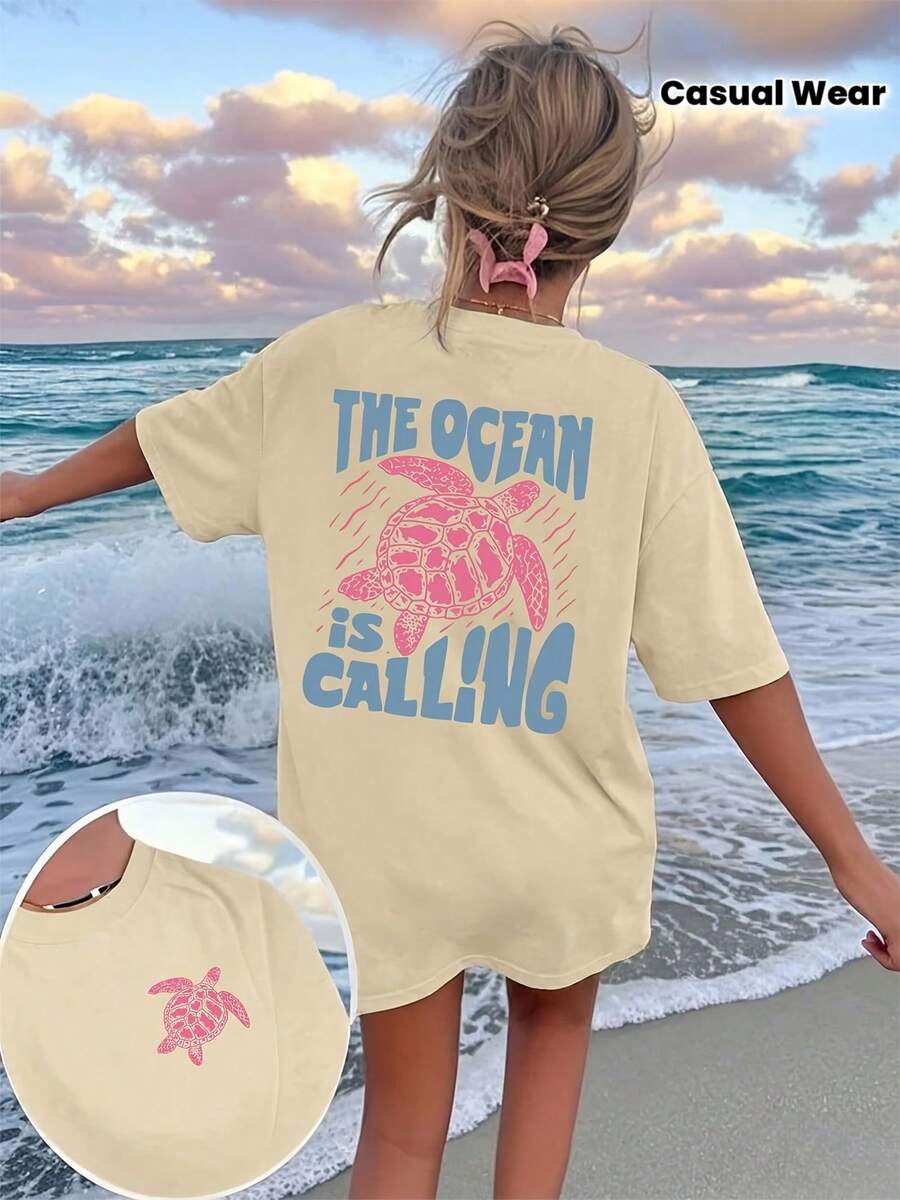 Top de verano estilo Y2K, camiseta retro con diseño de tortuga, linda y divertida, camiseta con motivos marinos de los 90, diseño de letras de dibujos animados, ropa casual perfecta para mujeres, versátil y cómoda, adecuada para vacaciones en la playa y uso diario. - Caqui - Ver 1