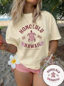 Camiseta de manga corta con cuello redondo para mujer, 100% algodón, lavable a máquina, fácil cuidado, diseño casual con tortuga hawaiana y motivos florales, que muestra un encanto tropical, diseño estampado, top de nuevo estilo para el verano de 2026, adecuada para viajes y uso diario. - Caqui - Ver 6