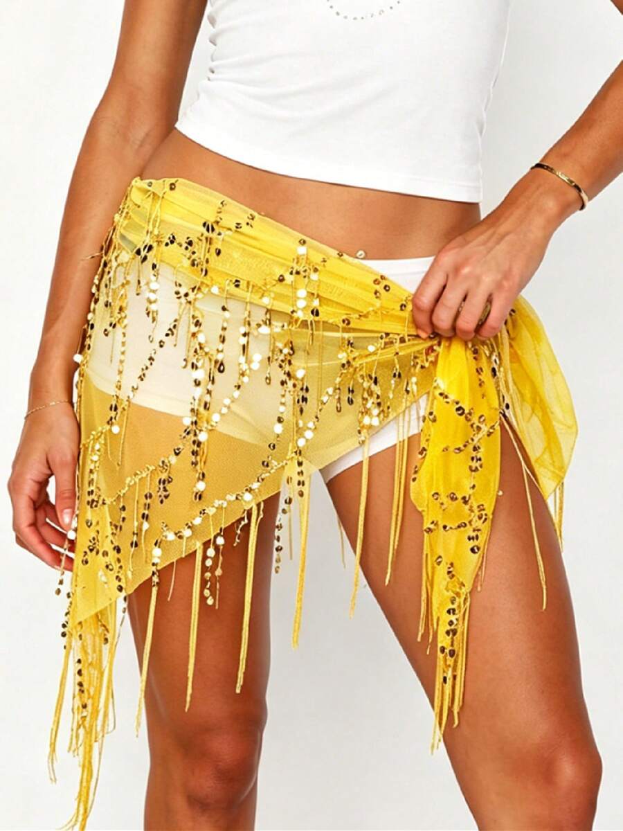 Women Belly Dance Sequin Tassel Hip Scarf Triangle Belt Wrap Skirts Music Festival Sheer Mesh Waist Chain - 黃色 - 查看 1