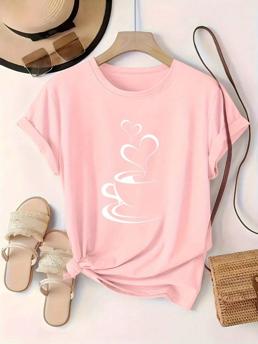 Plus Size - Plus Size - New Women's Plus Size T-Shirt, Short Sleeve Printed T-Shirt For Spring/Summer/Autumn, Women's Clothing, Casual Round Neck Top, Made Of Fiber, Plus Size T-Shirt For Women, Casual For Women - 粉色 - 查看 1