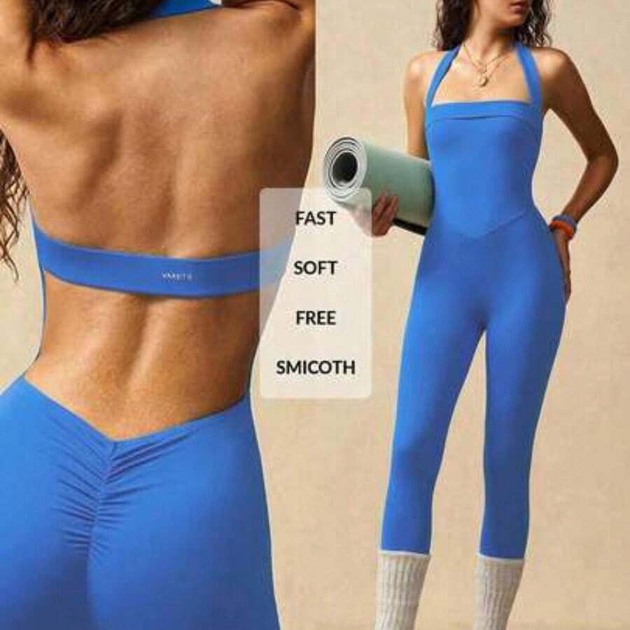 VARSIVA Solid Color Pleated Halter Backless Sleeveless Jumpsuit - azul real - Ver 1