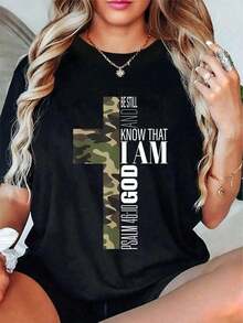 1 Piece Casual Short Sleeve T-Shirt With Green Camouflage Cross Print, With Christian Bible Verse "Be Still And Know God", 100% Cotton, 180g. - 黑色 - 查看 5