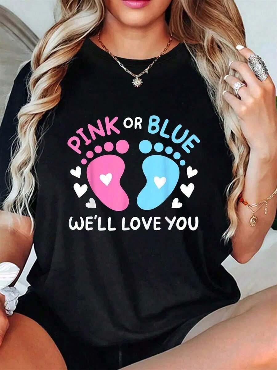 1 Piece T-Shirt For Mother's Day, Gender Reveal Party, Pink Or Blue, With The Phrase "We Love You", Summer T-Shirts, Short Sleeve, Round Neck, Casual Top For Summer And Spring, Women's Clothing, 180g 100% Cotton. - 黑色 - 查看 1