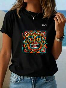 Limited Time Offer, Limited Quantity Available, Flash , Women's Shirts, Women's T-Shirts. Women's Oversized White T-Shirt, Short Sleeve, Round Neck,  Mask Print, Mexican Culture, Casual Style For Everyday Wear - 黑色 - 查看 3