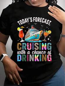 Mexican Women's T-Shirt With Cruise And Drinks Graphic Print - Design "Today's Forecast: Cruise With A Chance Of Drinking", Perfect For Vacations, Cruise Trips, Beach Outings And Fun Summer Activities, Fashionable Summer Cotton T-Shirt - 黑色 - 查看 1