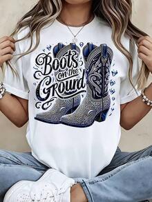 Women's Clothing Western Style Women's T-Shirt With Cowboy Boots And Floor Print, Casual Summer Clothing For Lovers Of Cowboy Fashion, Women's Shirts - 白色 - 查看 1