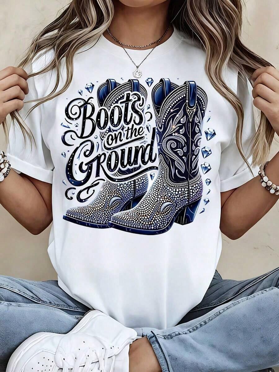 Women's Clothing Western Style Women's T-Shirt With Cowboy Boots And Floor Print, Casual Summer Clothing For Lovers Of Cowboy Fashion, Women's Shirts - 白色 - 查看 1