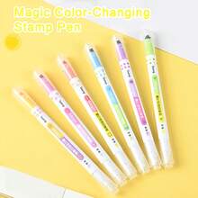 Set de 6 bolígrafos resaltadores y sellos de doble punta, un extremo con marcador fluorescente de colores, el otro extremo con sellos de triángulo, estrella, cara sonriente, luna, corazón y flor, 6 colores macaron frescos, gran capacidad de tinta, escritura suave sin sangrado, impresión de sello clara sin manchas, barril del bolígrafo impreso con patrones correspondientes, tapa de doble uso súper práctica, perfecto para estudiantes y entusiastas del diario - Múltiples estilos - Ver 4