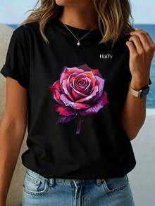 Limited Time Offer, Limited Quantity Available, Flash , Women's Shirts, Women's T-Shirts. Women's Oversized Black T-Shirt, Short Sleeve Round Neck, Purple And Red Graffiti Rose Print, Dark Romantic Casual Style For Everyday Wear - 黑色 - 查看 2