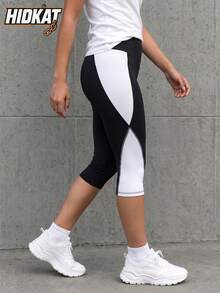 Hidkat Women's Solid Color Black & White Contrast High Waist Tight Fit Athletic Knit Leggings Sports - Black and White - View 1
