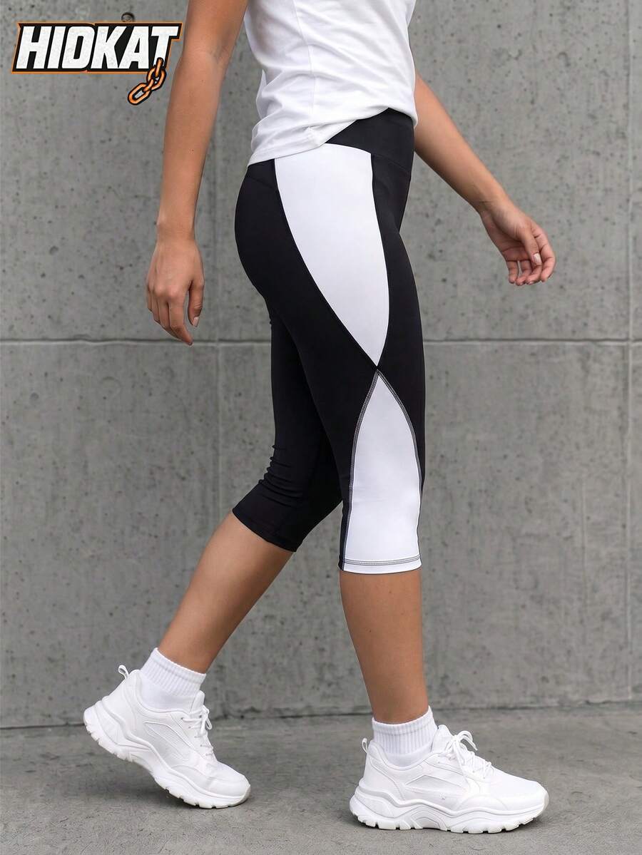 Hidkat Women's Solid Color Black & White Contrast High Waist Tight Fit Athletic Knit Leggings Sports - Black and White - View 1