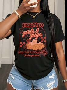 Women's Cotton T-Shirts, Funny Graphic Print T-Shirt For Food Lovers "I Like Girls And Boys, But I Also Love Pasta", For Women And Men, Casual Wear, Gift For Pasta Enthusiasts, Basic Women's Blouses. - 黑色 - 查看 2
