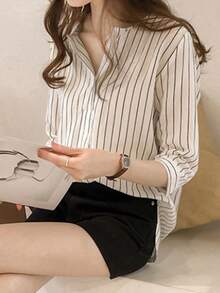 Women's Striped Round Neck Blouses For Petite Women, New Korean Style Three-Quarter Sleeve Shirt For Summer, Loose Casual Shirt. - 白色 - 查看 3