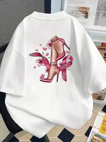 New 180gsm Short-Sleeved T-Shirt, 1% Cotton, With Front And Back Print - Pink Ribbon, Breast Cancer Awareness - Fashionable Printed T-Shirt For Women, Your Best Choice! - Suitable For Layering In Spring And Autumn, And For Wearing Alone In Summer, Unisex Style. - White - View 2