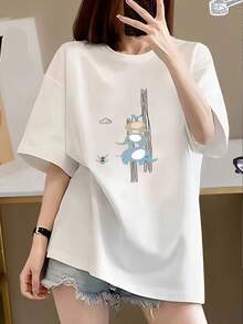 Women's Modern Minimalist Korean Style T-Shirt, Cute And Kawaii, With Sailor Pluto Print - Oversized Short Sleeve White Top, Casual Summer Anime Print Top For Daily Wear. - 白色 - 查看 1