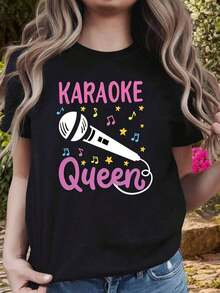 Women's Cotton Round Neck Casual T-Shirt, Women's Karaoke Queen Theme T-Shirt With Microphone And Musical Note Decorations, Casual Short Sleeve, Pink And White, Lively And Fun Style, Karaoke Party Top, Simple T-Shirt For Everyday Wear - 黑色 - 查看 3