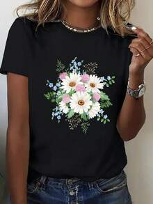 Women's Cotton T-Shirt, Round Neck, Loose Fit, Casual, With Bohemian Floral Print, Short Sleeve - Soft Light Blue, Pink, White, Brown, Beige, Suitable For Layering In Spring And Summer, Comfortable Machine Washable T-Shirt, Sweater With Geometric Pattern, Suitable For Home And Outdoor Use, Loose Women's Clothing For All Seasons, Women's T-Shirt, Women's Long Sleeve T-Shirt. - 黑色 - 查看 3