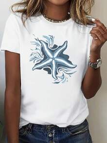Women's T-Shirt With Starfish And Aquatic Patterns, Casual Streetwear, Short Sleeve, Comfortable Fit, Vintage Style, Unisex, Loose Cotton Short Sleeve Crew Neck T-Shirt - 白色 - 查看 5
