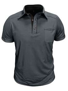 Plus Size Men's Short Sleeve POLO Shirt, Summer Contrast Color Button Pocket Collar Top, Casual Solid Color Henley Shirt - Dark Grey - View 2