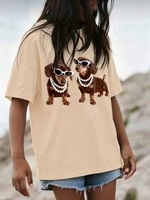 Girls Casual Dog Print T-Shirt, Fashion Dachshund Pattern, Short Sleeve, Soft And Comfortable Fabric, Campus Daily Wear - Apricot - View 8