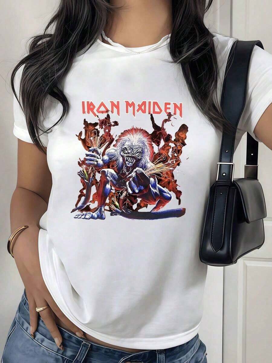 100% Cotton. Fiery Figure Of A Fantastic Creature Holding Lightning Bolts Symbolizing Power And Inner Energy. Women's T-Shirt, 100% Soft And Comfortable Cotton For Everyday Wear. Women's Simple Solid Color T-Shirt, Loose And Slim Fit Casual Short Sleeve - 白色的 - 查看 1