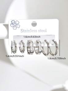 6pcs/Set Fashionable Stainless Steel Geometric Hoop Earrings Set, Versatile Daily Wear For Women - Multicolor C - View 6