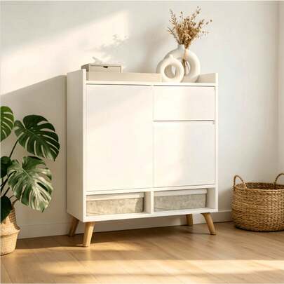 Armário alto moderno e elegante, 80x35x92cm, design prático com porta, gaveta e cestos de tecido espaçosos. Organizador multifuncional com pés de madeira maciça resistentes, ideal para guardar roupas, acessórios do dia a dia e objetos diversos. Móvel indispensável para decoração de quarto, sala de estar e outros ambientes.