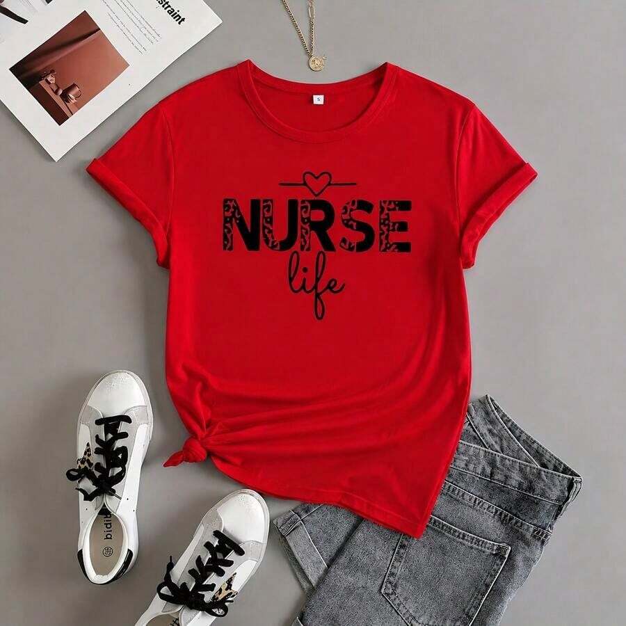 Women's Graphic Nurse T-Shirt, Cotton, Short Sleeve, Round Neck, Leopard Print And Lettering, Casual Loose Fit, For Maternity Work, Sizes M-5XL, Soft. - Red - View 1