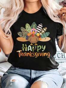 Plus Sizes - Happy Thanksgiving! Vintage Thanksgiving Print Tee Featuring A Patchwork Turkey, Available In Sizes Up To 5XL. Made From Fabric, This Short-Sleeve Crew Neck Tee Is Perfect For Casual Wear Year-Round. - 黑色 - 查看 7
