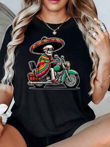 100% Cotton. Skull With Traditional Mexican Hat Riding A Motorcycle While Wearing A Colorful Poncho Symbolizing Adventure And Freedom. Women's T-Shirt, 100% Cotton, 220g. Women's Simple Solid Color T-Shirt, Loose And Slim Fit Casual Short Sleeve - 黑色 - 查看 1