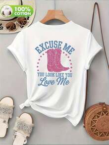 Vintage American Style Cowboy Boots In Purple And Red With A Red Star Print And A Short-Sleeved Crew Neck T-Shirt With A Graphic Print Of "EXCUSE ME / YOU LOOK LIKE YOU Love Me" In Light Blue And Pink, Suitable For Spring, Summer And Autumn, Summer Holiday Outfit - 彩色 - 查看 5