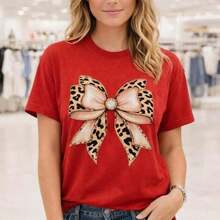 Women's Cotton Leopard Print T-Shirt With Bow, Casual Short-Sleeved Round Neck Top, Loose-Fitting Basic T-Shirt, Suitable For Everyday Wear, Comfortable And Soft Cotton Shirt,  Animal Print And Bow Design, Women's Shirt. - 紅色 - 查看 7