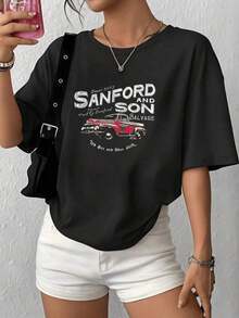 Women's Plus Size Summer T-Shirt, Round Neck, Comfortable And Cool, Short Sleeve, Vintage Truck Design By Sanford And Son, Multifunctional, Comfortable And Breathable, Ideal For Holidays, Daily Outings, Holiday Gifts... - 黑色 - 查看 1